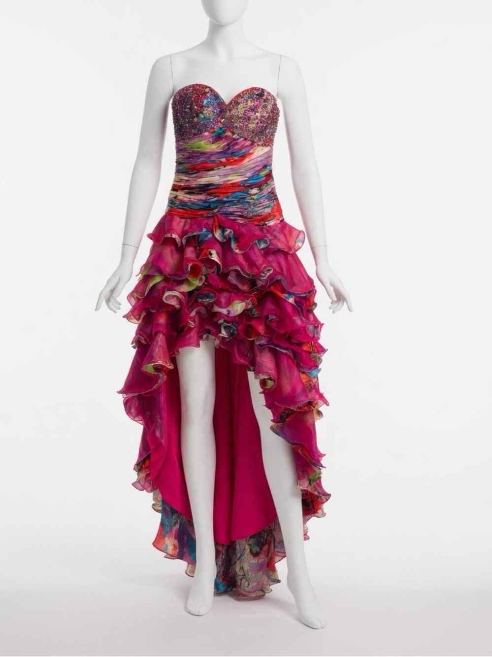 Cinderella Fuchsia Hi‑Low Ruffled Strapless Dress with Multicolor Bodice
